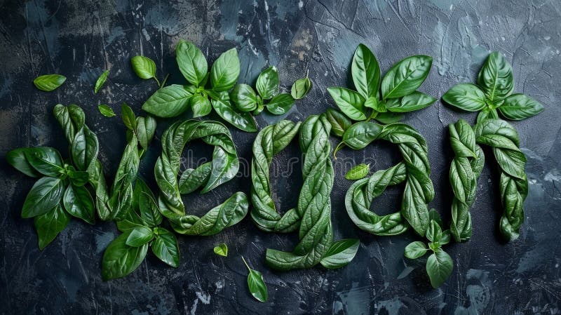 Lettering of English word Vegan made of green natural leaves AI generated. Lettering of English word Vegan made of green natural leaves AI generated