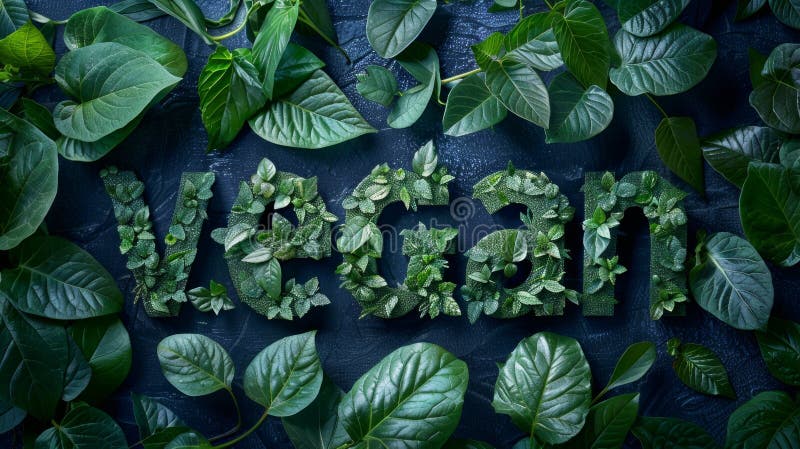 Lettering of English word Vegan made of green natural leaves AI generated. Lettering of English word Vegan made of green natural leaves AI generated