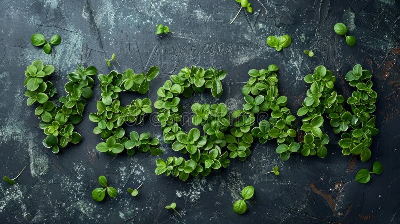 Lettering of English word Vegan made of green natural leaves AI generated. Lettering of English word Vegan made of green natural leaves AI generated