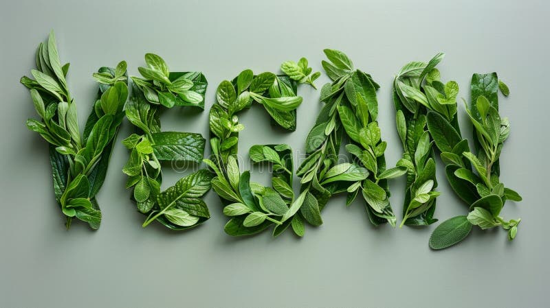 Lettering of English word Vegan made of green natural leaves AI generated. Lettering of English word Vegan made of green natural leaves AI generated