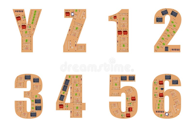 Digital technology font and numbers . Letters Y Z and numbers 1 2 3 4 5 6 on a printed digital board with microprocessors, resistors, capacitors and other electronic elements. Set of modern technology fonts for children&#x27;s technology design. Digital technology font and numbers . Letters Y Z and numbers 1 2 3 4 5 6 on a printed digital board with microprocessors, resistors, capacitors and other electronic elements. Set of modern technology fonts for children&#x27;s technology design