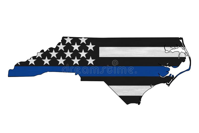 American thin blue line flag on map of North Carolina for your support of police officers. American thin blue line flag on map of North Carolina for your support of police officers