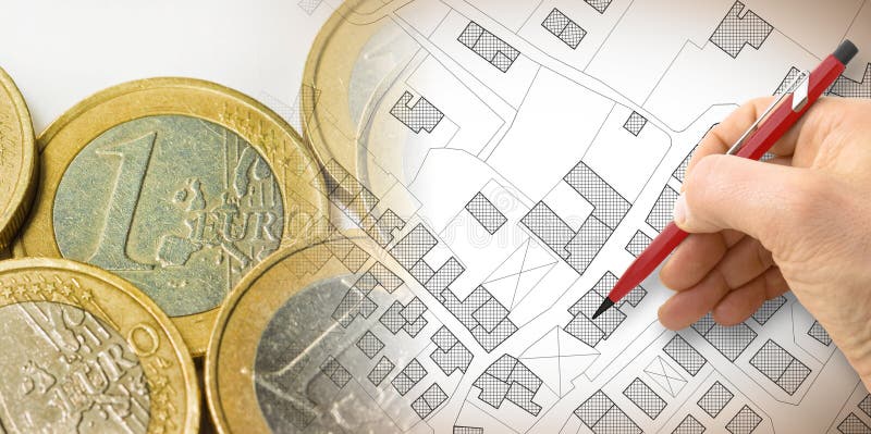 Αμοιβές κτηματολογίων στην Ευρωπαϊκή Ένωση - εικόνα έννοιας με έναν φανταστικό κτηματολογικό χάρτη του εδάφους με τα κτήρια και τ διανυσματική απεικόνιση Αμοιβές κτηματολογίων στην Ευρωπαϊκή Ένωση - εικόνα έννοιας με έναν φανταστικό κτηματολογικό χάρτη του εδάφους με τα κτήρια και τ διανυσματική απεικόνιση