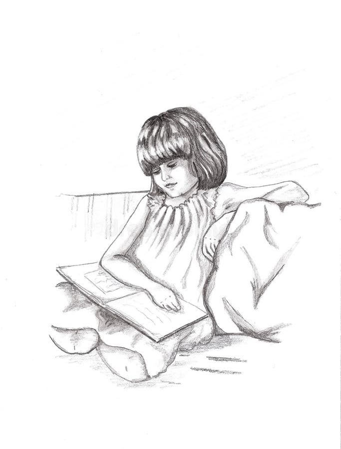 A pencil drawing of a girl reading a book while setting. A pencil drawing of a girl reading a book while setting