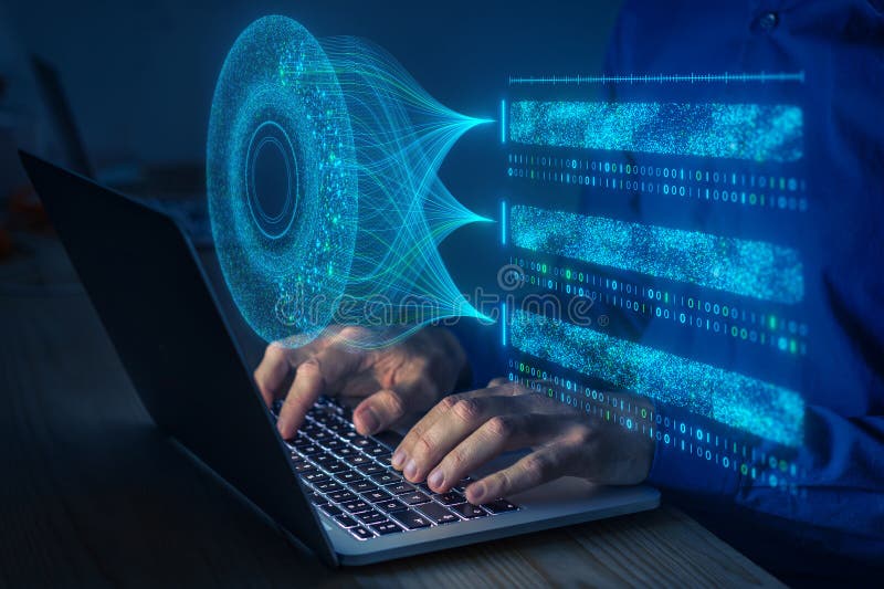ανάλυση μεγάλων δεδομένων με τεχνολογία ai. άτομο που χρησιμοποιεί μάθηση μηχανής και νευρικό δίκτυο βαθιάς μάθησης για εξόρυξη δε στοκ εικόνες