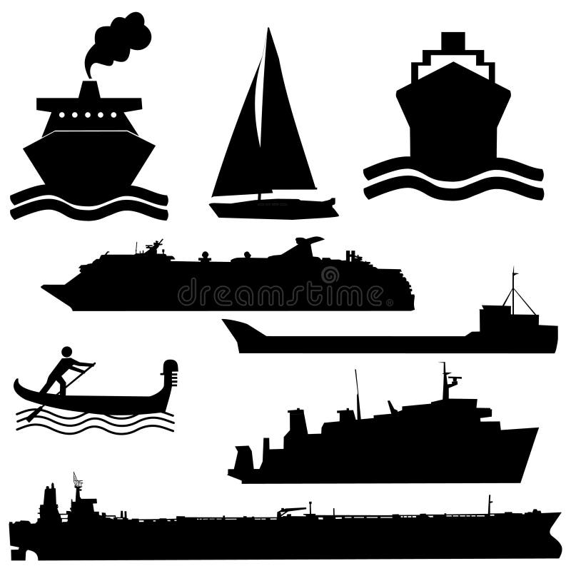 Assorted boat silhouettes ferry tanker yacht and gondola. Assorted boat silhouettes ferry tanker yacht and gondola