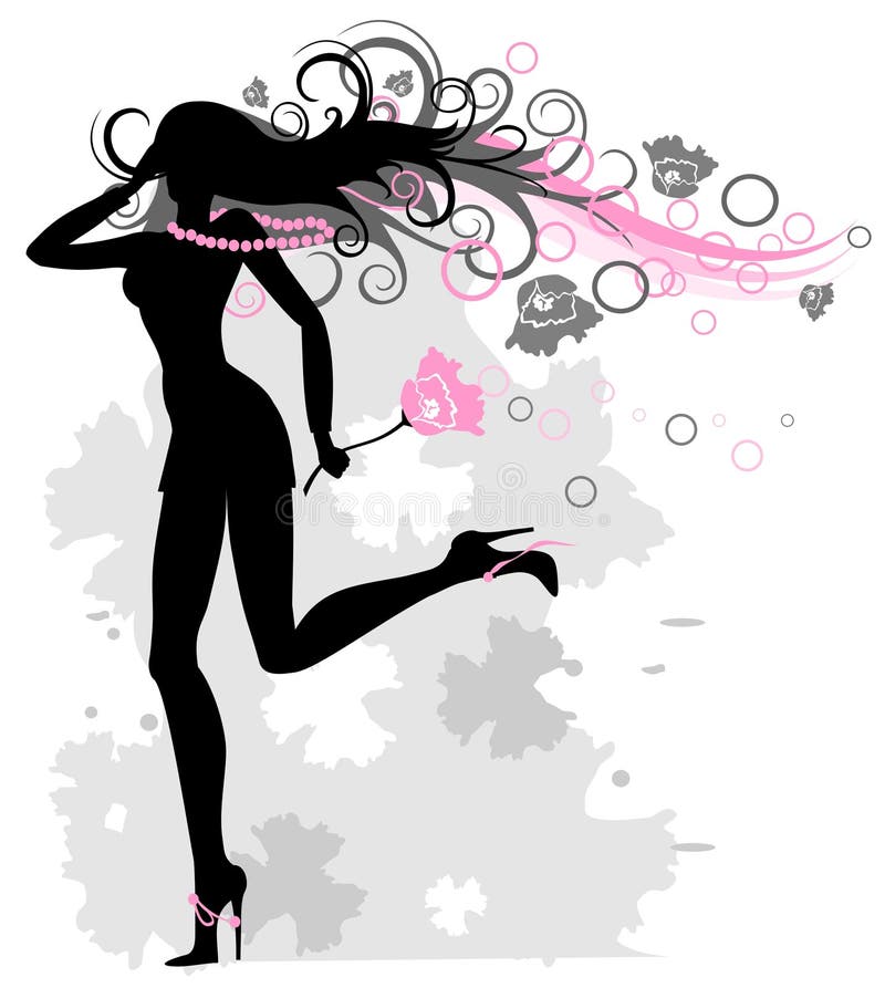 The running woman with developing hair and an abstract flower background. The running woman with developing hair and an abstract flower background