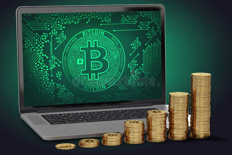 Ανάπτυξη των σωρών χρυσού Bitcoin που βάζει στο πληκτρολόγιο υπολογιστών διανυσματική απεικόνιση