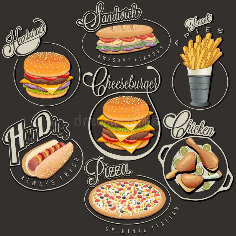 Set of Calligraphic titles and symbols for foods. Pizza, Sandwich, Hot Dog, French Fries, Hamburger, Cheeseburger and Drumstick realistic illustrations. Set of Calligraphic titles and symbols for foods. Pizza, Sandwich, Hot Dog, French Fries, Hamburger, Cheeseburger and Drumstick realistic illustrations.