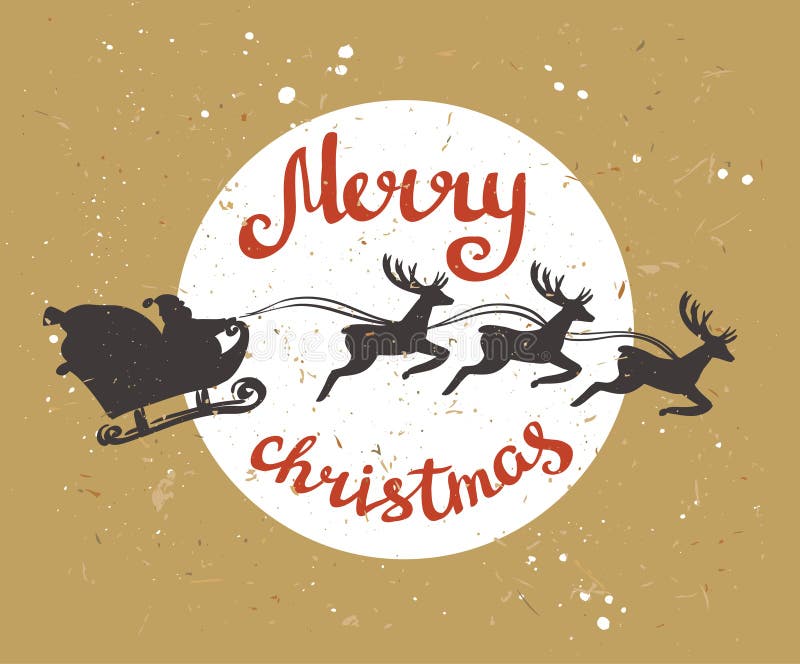 Santa Claus rides in a sleigh in harness on the reindeers. Retro merry christmas card on the cardboard. Vector illustration. Santa Claus rides in a sleigh in harness on the reindeers. Retro merry christmas card on the cardboard. Vector illustration