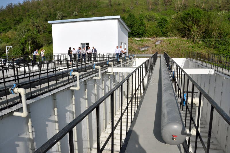 Chortkiv - Ternopil - Ukraine - May 2, 2018. The first stage of the reconstructed urban sewage treatment facilities. Corridor aerotanks for artificial biological sewage treatment were constructed. Chortkiv - Ternopil - Ukraine - May 2, 2018. The first stage of the reconstructed urban sewage treatment facilities. Corridor aerotanks for artificial biological sewage treatment were constructed