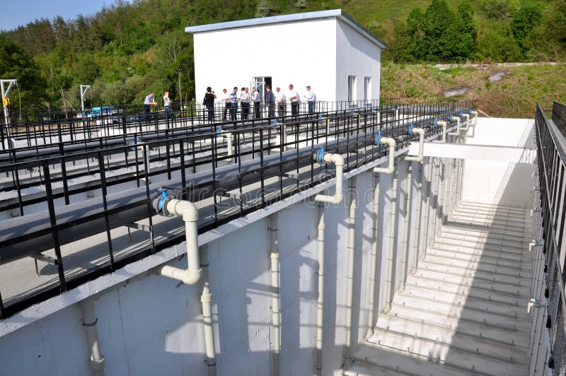 Chortkiv - Ternopil - Ukraine - May 2, 2018. The first stage of the reconstructed urban sewage treatment facilities. Corridor aerotanks for artificial biological sewage treatment were constructed. Chortkiv - Ternopil - Ukraine - May 2, 2018. The first stage of the reconstructed urban sewage treatment facilities. Corridor aerotanks for artificial biological sewage treatment were constructed