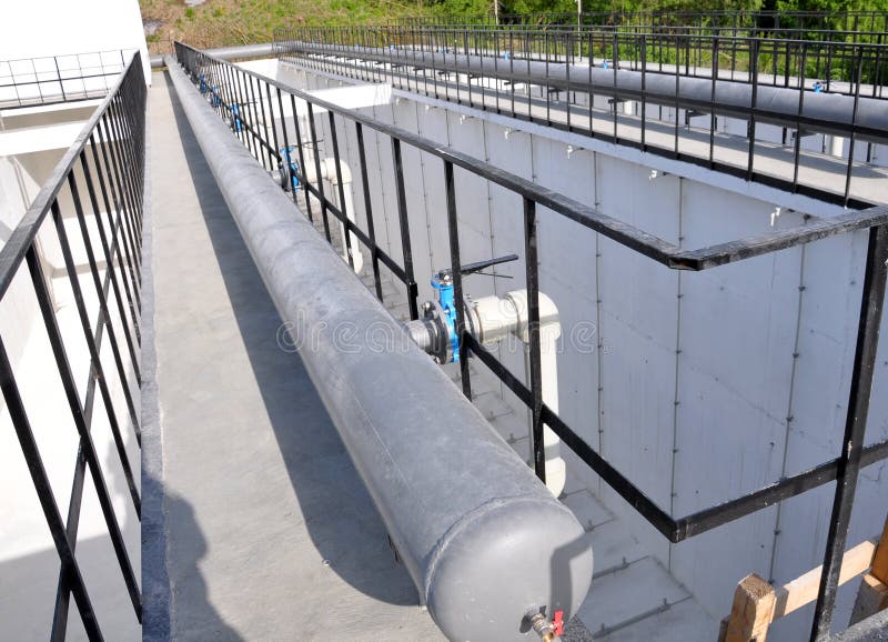 Chortkiv - Ternopil - Ukraine - May 2, 2018. The first stage of the reconstructed urban sewage treatment facilities. Corridor aerotanks for artificial biological sewage treatment were constructed. Chortkiv - Ternopil - Ukraine - May 2, 2018. The first stage of the reconstructed urban sewage treatment facilities. Corridor aerotanks for artificial biological sewage treatment were constructed