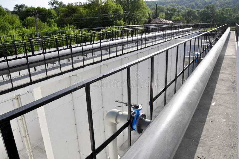 Chortkiv - Ternopil - Ukraine - May 2, 2018. The first stage of the reconstructed urban sewage treatment facilities. Corridor aerotanks for artificial biological sewage treatment were constructed. Chortkiv - Ternopil - Ukraine - May 2, 2018. The first stage of the reconstructed urban sewage treatment facilities. Corridor aerotanks for artificial biological sewage treatment were constructed