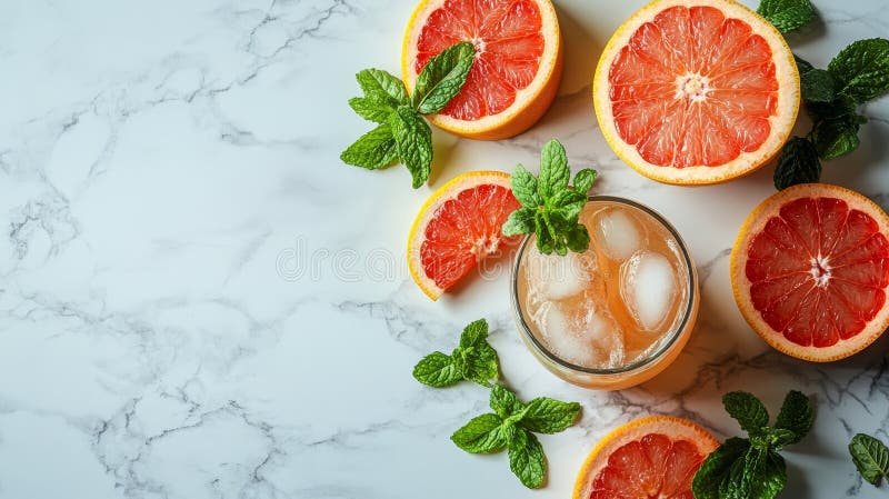 Αναζωογονητικό καλοκαιρινό κοκτέιλ με φρέσκα γκρέιπ φρουτ μέντα και πάγο σε λευκό μαρμάρινο φόντο διανυσματική απεικόνιση