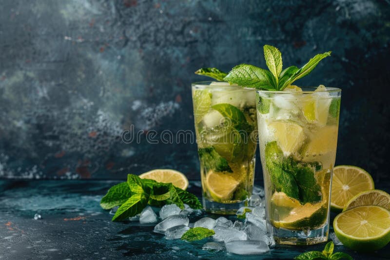 A refreshing mojito cocktail with crushed ice, garnished with abundant mint leaves, presents a cool temptation on a dark, misty backdrop with scattered ice pieces AI generated. A refreshing mojito cocktail with crushed ice, garnished with abundant mint leaves, presents a cool temptation on a dark, misty backdrop with scattered ice pieces AI generated