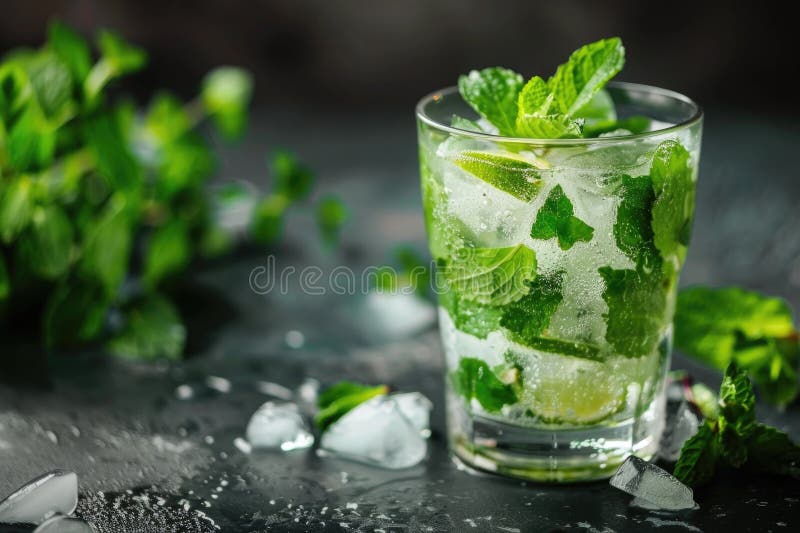 A refreshing mojito cocktail with crushed ice, garnished with abundant mint leaves, presents a cool temptation on a dark, misty backdrop with scattered ice pieces AI generated. A refreshing mojito cocktail with crushed ice, garnished with abundant mint leaves, presents a cool temptation on a dark, misty backdrop with scattered ice pieces AI generated