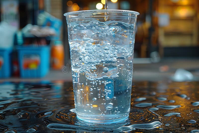 Refreshing Sparkling Water in a Transparent Cup on Wet Surface. Refreshing Sparkling Water in a Transparent Cup on Wet Surface.