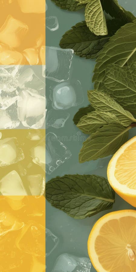 Refreshing Citrus and Mint Infusion with Ice Cubes on a Split Background. AI generated. Refreshing Citrus and Mint Infusion with Ice Cubes on a Split Background. AI generated