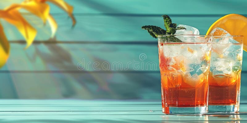 Refreshing Summer Iced Tea with Lemon and Mint on Turquoise Background. AI generated. Refreshing Summer Iced Tea with Lemon and Mint on Turquoise Background. AI generated