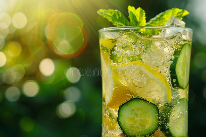 A close-up of a cold summer drink with cucumber, mint, and bubbles. AI generated. A close-up of a cold summer drink with cucumber, mint, and bubbles. AI generated