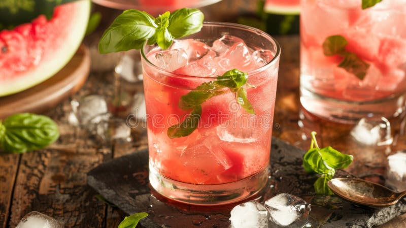 Glass of watermelon mojito with mint leaves on top. AI generated. Glass of watermelon mojito with mint leaves on top. AI generated