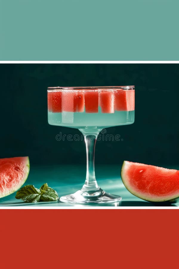 Refreshing Watermelon Cocktail in Elegant Glass on Vibrant Turquoise Background. AI generated. Refreshing Watermelon Cocktail in Elegant Glass on Vibrant Turquoise Background. AI generated