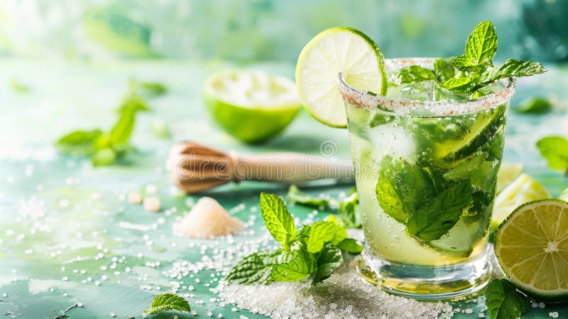 Refreshing Mojito Cocktail with Lime and Mint on a Summer Day. AI generated. Refreshing Mojito Cocktail with Lime and Mint on a Summer Day. AI generated