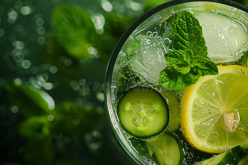 Close-up of a sparkling beverage with lemon, cucumber, and mint leaves. AI generated. Close-up of a sparkling beverage with lemon, cucumber, and mint leaves. AI generated