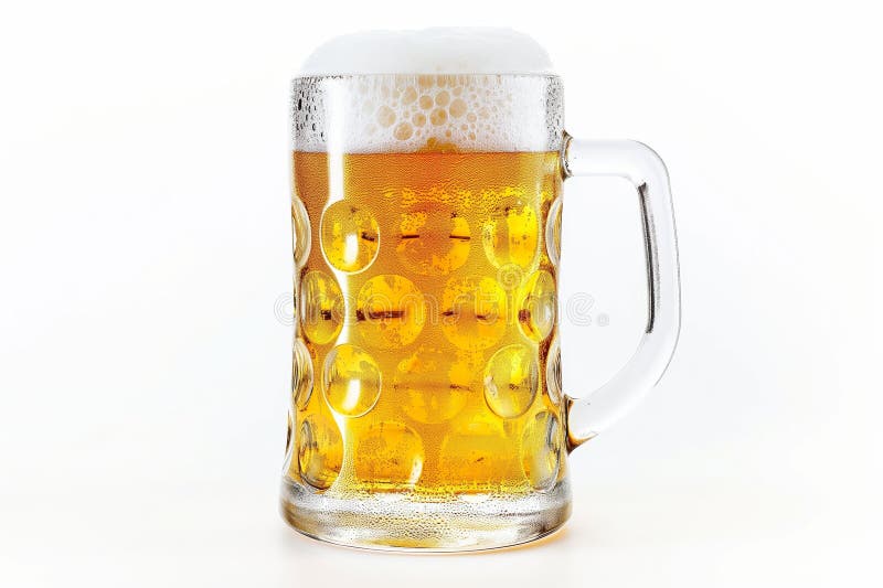Close-up of a full beer mug with frothy head against a white background AI generated. Close-up of a full beer mug with frothy head against a white background AI generated