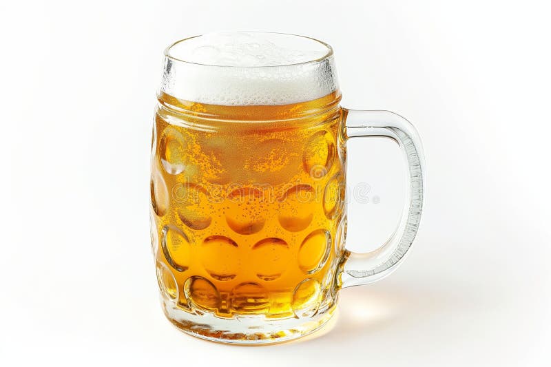 A full mug of beer with frothy head on a white background AI generated. A full mug of beer with frothy head on a white background AI generated