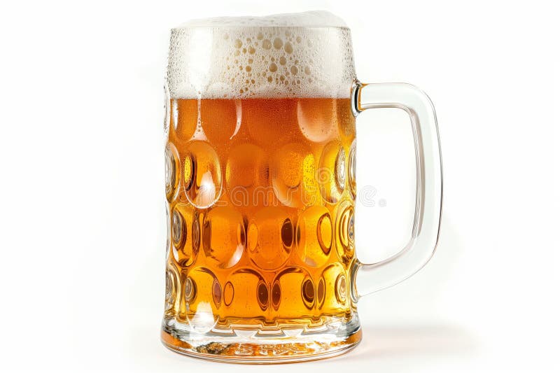 A full mug of beer with frothy head isolated on a white background, highlighting the beverage&#x27;s golden color and bubbles AI generated. A full mug of beer with frothy head isolated on a white background, highlighting the beverage&#x27;s golden color and bubbles AI generated