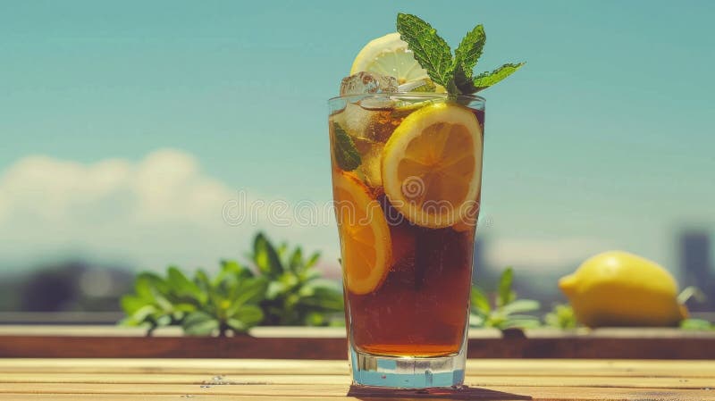 Refreshing Iced Tea with Lemon and Mint on Sunny Day. AI generated. Refreshing Iced Tea with Lemon and Mint on Sunny Day. AI generated