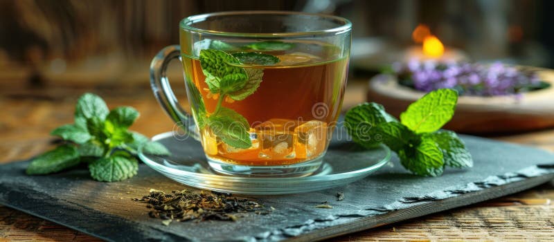 A glass cup filled with herbal mint tea, garnished with fresh mint leaves, placed on a slate tray. AI generated. A glass cup filled with herbal mint tea, garnished with fresh mint leaves, placed on a slate tray. AI generated