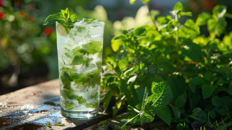 Glass filled with ice cubes and fresh mint leaves resting on a wooden table. AI generated. Glass filled with ice cubes and fresh mint leaves resting on a wooden table. AI generated