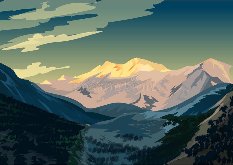 Ανατολή πέρα από Nanga Parbat, διανυσματική απεικόνιση τοπίων βουνών ελεύθερη απεικόνιση δικαιώματος