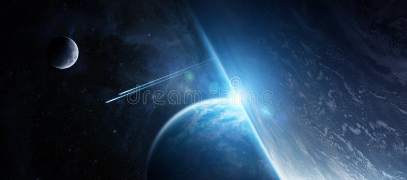 View of a distant planet system from space during a sunrise 3D rendering elements of this image furnished by NASA. View of a distant planet system from space during a sunrise 3D rendering elements of this image furnished by NASA