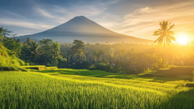 Ανατολή του ηλίου πάνω από το ρύζι Paddy Field και το βουνό απεικόνιση αποθεμάτων