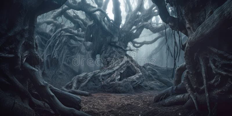 ανατριχιαστικό δέντρο στο παραμυθένιο δάσος. γενική απεικόνιση ai διανυσματική απεικόνιση