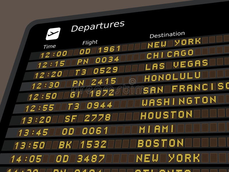 Departure board - destination airports illustration. USA destinations: New York, Chicago, Las Vegas, Honolulu, San Francisco, Washington, Houston, Miami and Boston. Departure board - destination airports illustration. USA destinations: New York, Chicago, Las Vegas, Honolulu, San Francisco, Washington, Houston, Miami and Boston.