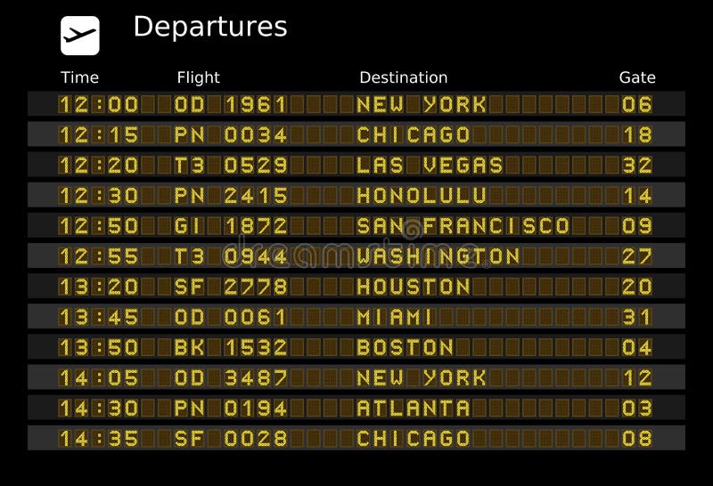 Departure board - destination airports. Vector illustration - the letters and numbers for easy editing your own messages are embedded outside the viewing area. USA destinations: New York, Chicago, Las Vegas, Honolulu, San Francisco, Washington, Houston, Miami, Boston, Atlanta. Departure board - destination airports. Vector illustration - the letters and numbers for easy editing your own messages are embedded outside the viewing area. USA destinations: New York, Chicago, Las Vegas, Honolulu, San Francisco, Washington, Houston, Miami, Boston, Atlanta.