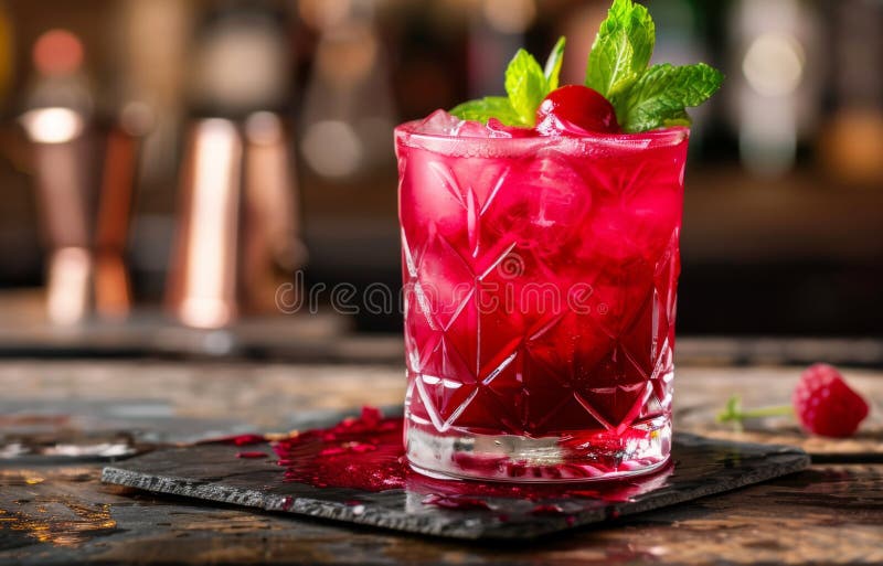 A red drink adorned with a fresh mint garnish on the rim. AI generated. A red drink adorned with a fresh mint garnish on the rim. AI generated