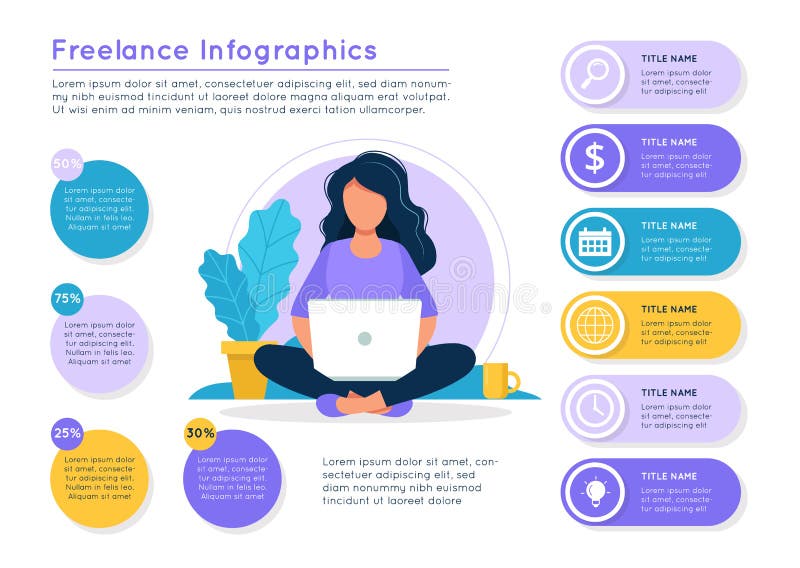 Ανεξάρτητο infographics Γυναίκα με ένα lap-top, διαφορετικά ζωηρόχρωμα στοιχεία στοιχείων Διανυσματικό πρότυπο απεικόνισης στο επ διανυσματική απεικόνιση Ανεξάρτητο infographics Γυναίκα με ένα lap-top, διαφορετικά ζωηρόχρωμα στοιχεία στοιχείων Διανυσματικό πρότυπο απεικόνισης στο επ διανυσματική απεικόνιση