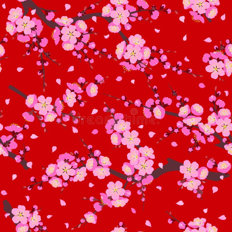 Seamless pattern with pink flowering tree branches on red background. Endless texture decoration with sakura or plum flowers. Vector flat illustration. Seamless pattern with pink flowering tree branches on red background. Endless texture decoration with sakura or plum flowers. Vector flat illustration