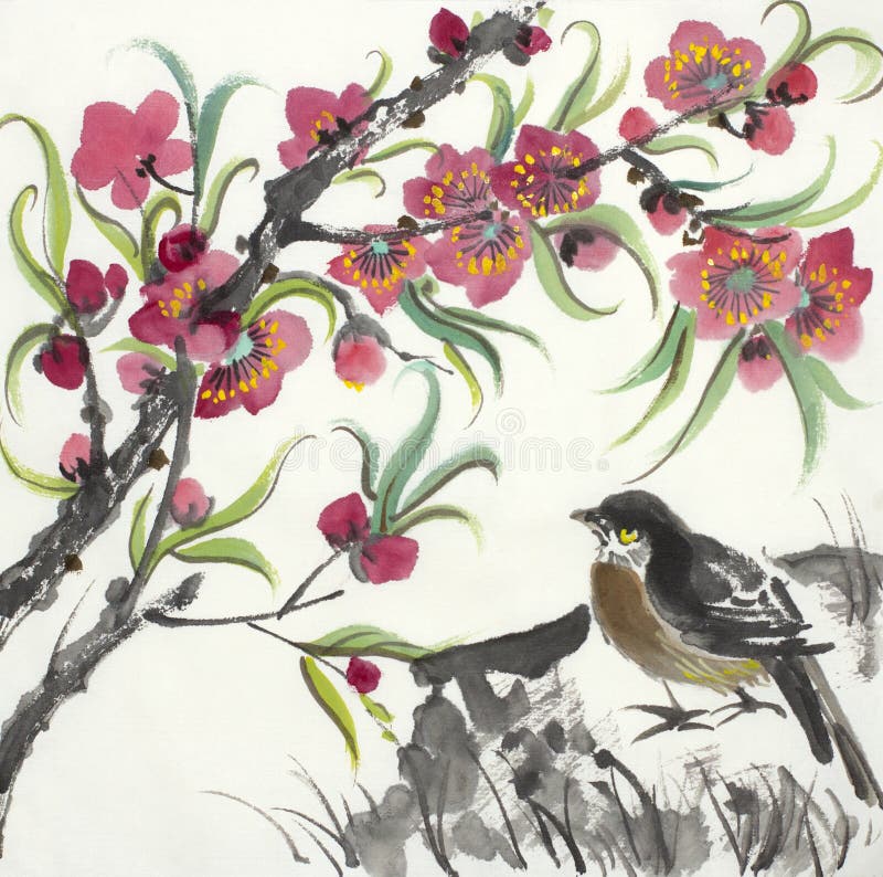 Flowering branch of a peach and a bird. Flowering branch of a peach and a bird
