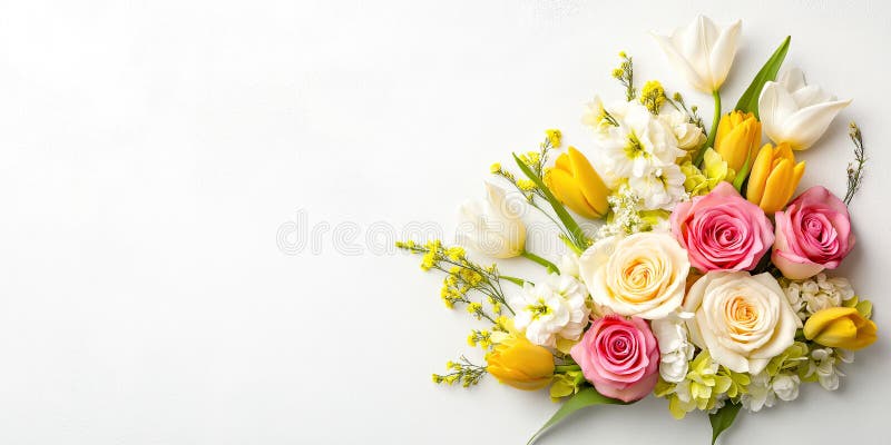 Ανθεκτική ανοιξιάτικη ανθοδέσμη με Roses Tulips and Daisia σε λευκό φόντο απεικόνιση αποθεμάτων
