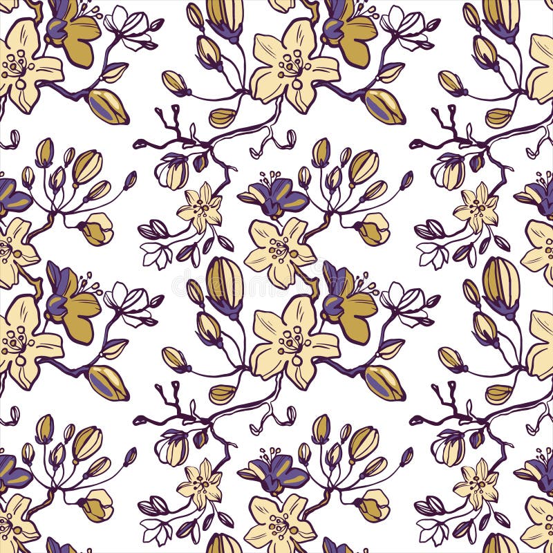 Flowering branches of cherries, apples, pears, buds, leaves. Line drawn floral seamless pattern on white background. Trendy botanical bouquet of flowers. Fashionable foliage vector print, texture. Flowering branches of cherries, apples, pears, buds, leaves. Line drawn floral seamless pattern on white background. Trendy botanical bouquet of flowers. Fashionable foliage vector print, texture
