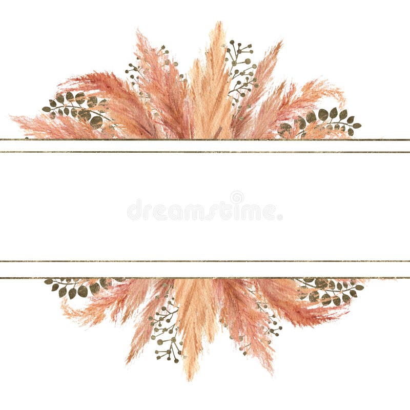 ανθοδέσμη του watercolor boho με αποξηραμένο χόρτο pampas και ασημένιο γεωμετρικό πλαίσιο απομονωμένο σε λευκό φόντο. λουλούδι διανυσματική απεικόνιση