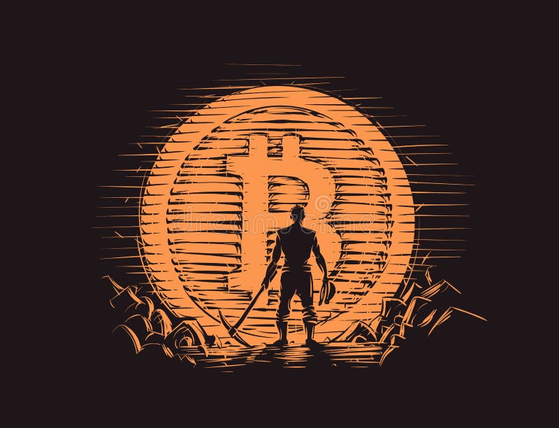 Ανθρακωρύχος Bitcoin που στέκεται κοντά στο μεγάλο νόμισμα bitcoin διάνυσμα ελεύθερη απεικόνιση δικαιώματος Ανθρακωρύχος Bitcoin που στέκεται κοντά στο μεγάλο νόμισμα bitcoin διάνυσμα ελεύθερη απεικόνιση δικαιώματος