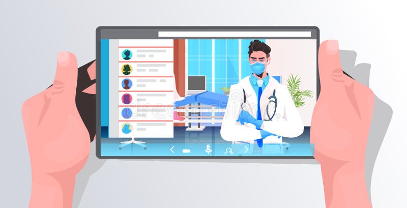 ανθρώπινα χέρια με χρήση tablet με αρσενικό δοντή στην οθόνη online αναζήτηση στην αντίληψη για την πανδημία covid19 διανυσματική απεικόνιση
